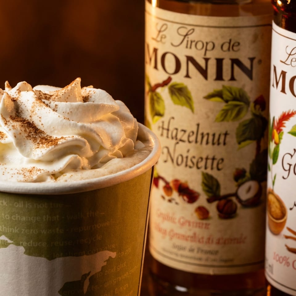 Whipped cream drink in an eco-friendly cup with Monin hazelnut and gourmet syrups.