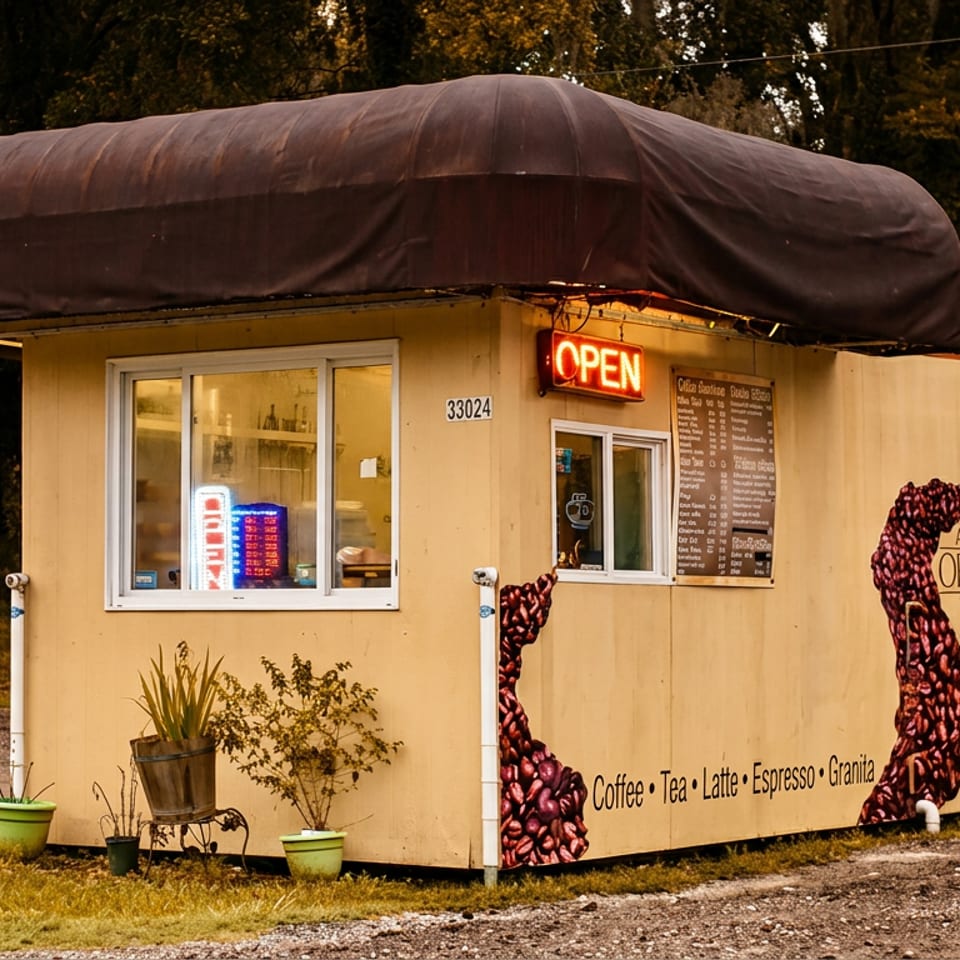 Yellow organic coffee stand with an "OPEN" sign, menu, and coffee bean graphics.