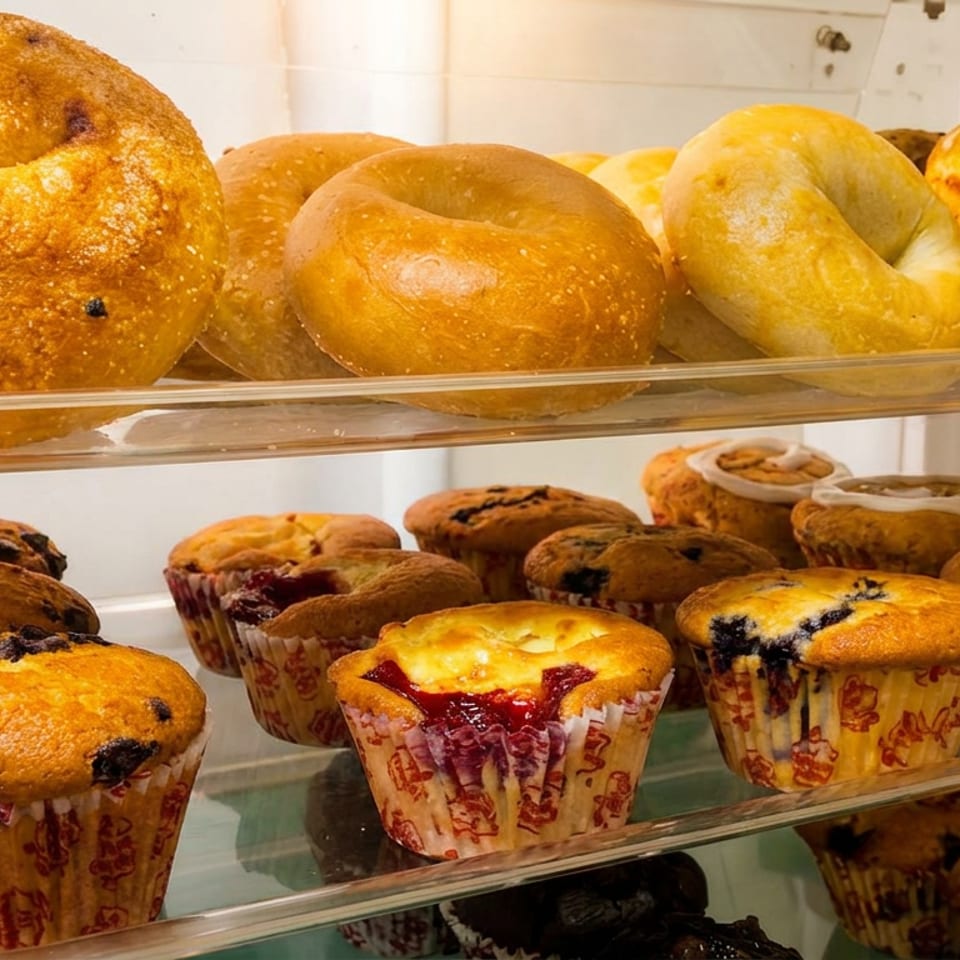 Freshly baked bagels, blueberry muffins, and frosted sweet rolls on clear display shelves.