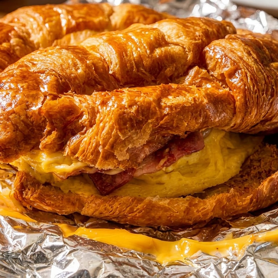 Flaky croissant breakfast sandwich with egg, bacon, and melted cheese on crinkled foil.