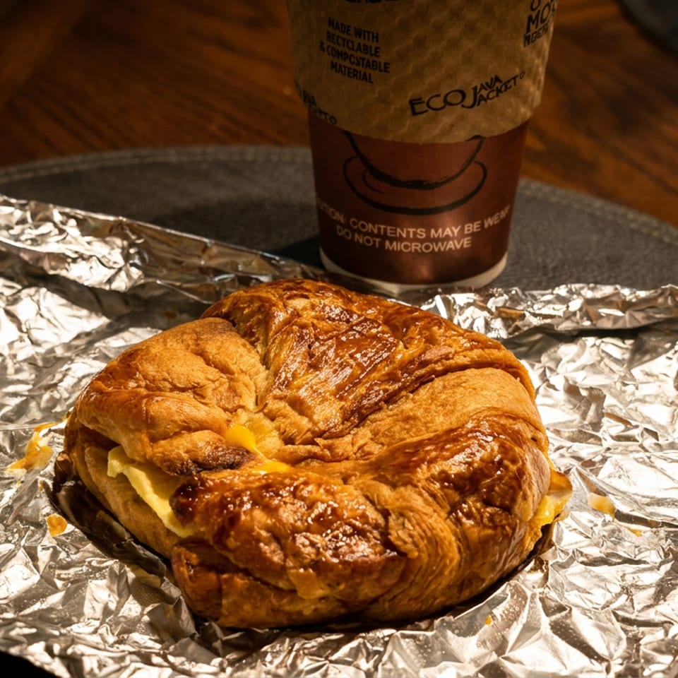 Golden croissant sandwich on foil with a disposable coffee cup on a dark placemat.